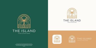 minimalist the island logo of sun beach waves and palm tree line art . vector