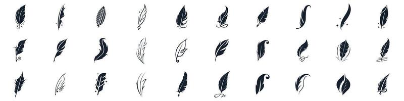 icon set feather ink inspiration. feather pen ink signature symbol. set of abstract signature feather pen logo design template on white background. vector