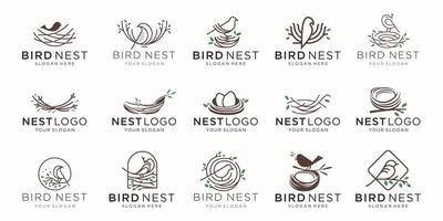 mega collection of bird's nest logo design template. minimalist root house line and leaves green modern concept. vector