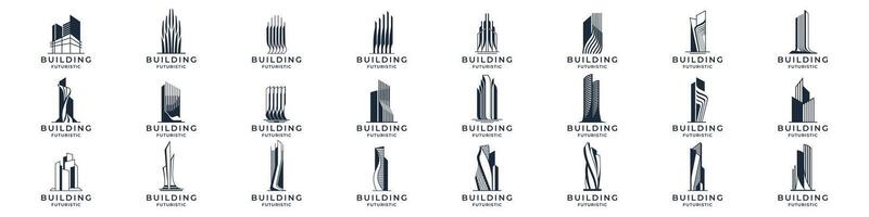 Building logos set. apartment illustration signs collection. skyscraper symbol. architecture logo futuristic design. vector