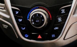 Front view of a car air conditioning control panel. Air conditioning knob of a car. Close up of automotive air conditioning switch panel photo