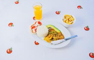Traditional breakfast with orange juice served on the table. Top view of a traditional breakfast served on the table photo