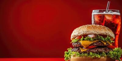 burger with glass cola on red background copy space photo