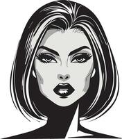 A monochromatic depiction of a woman's face with bold, stylized black and white features is set against a solid gray background. vector