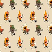 Seamless pattern with Set of retro Beer, Hot Dog mascot character. 40s, 50s, 60s old animation style. Oktoberfest mascot vector