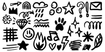 Bold brush Hand drawn doodle style collection of heart, scribble, star, check mark, spirals, flower, rainbow, diamond, sparkles, leaves, fire, lightning, and emphasis element. vector