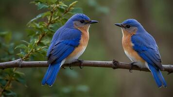 two bluebirds sitting on a branch with green leaves photo
