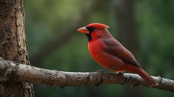 a red bird is sitting on a branch photo