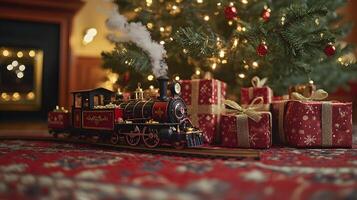 Nostalgic Christmas Tree Surrounded by Presents and Train Set photo