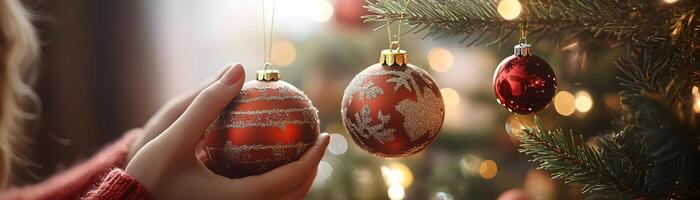 Hands Hanging Handmade Christmas Ornaments on Festive Tree Highlighting Tradition and Craftsmanship photo