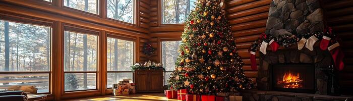 Elegant Christmas Tree in Rustic Cabin with Fireplace and Snowfall photo