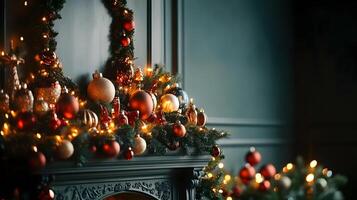 Merry Christmas Decorated Mantelpiece with Holiday Ornaments photo