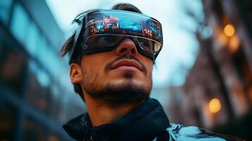 Young Entrepreneur Embracing Augmented Reality Glasses in Futuristic Business Banner photo