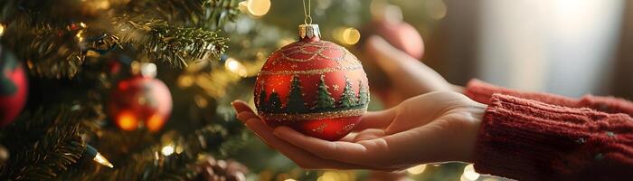 Hands Hanging Handmade Ornaments on Christmas Tree Highlighting Tradition and Craftsmanship photo