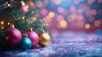 Bright Holiday Banner with Colorful Christmas Ornaments Lights and Seasonal Greeting photo