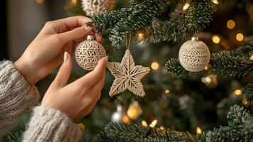 Hands Decorating a Festive Christmas Tree with Handmade Ornaments Highlighting Tradition and photo