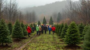 Families Selecting Christmas Trees at Snowy Tree Farm in Wintertime photo