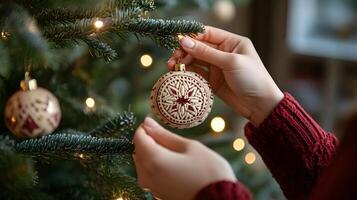 Hands Hanging Handmade Christmas Tree Ornaments Showcasing Tradition and Craftsmanship photo
