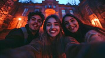 Group of Friends Taking Selfies in Front of Haunted Asylum on Halloween Tour photo