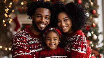 Festive Family Posing in Matching Christmas Sweaters Capturing the Holiday Spirit photo