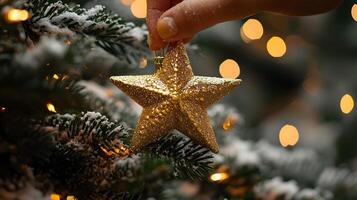 Close up of a Glowing Golden Star Decorating a Snowy Christmas Tree photo