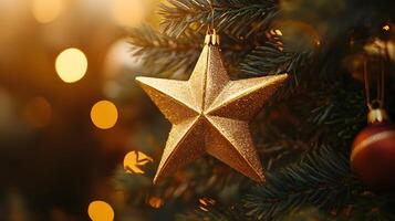 Glowing Golden Star Atop Christmas Tree Symbolizing Holiday Traditions and Joy photo