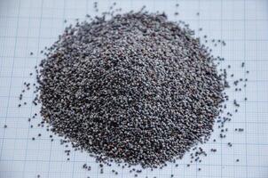 poppy seeds are poured in a pile on graph paper for the concept of size. High quality photo