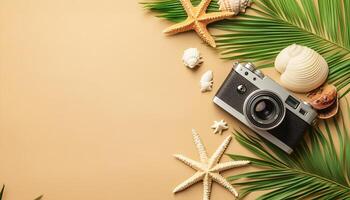 Vintage camera, seashells, and palm leaves on a beige background. photo