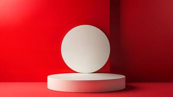 Minimalist red and white product display podium with an oval shape. photo