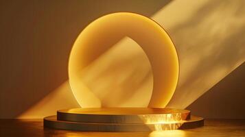 Golden podium with an oval light and a shadow on a yellow background. photo
