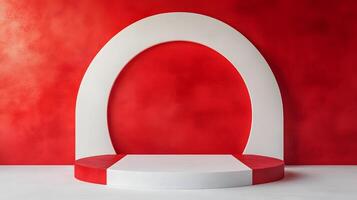 Red and white minimalist product display with curved arch. photo