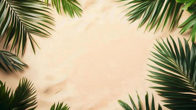 Green palm leaves frame a blank beige background, perfect for adding text or design elements. photo