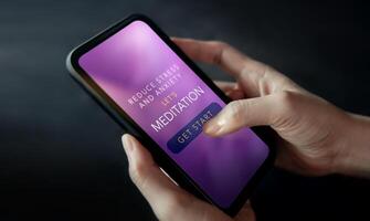 Mental Health Concept. Person Using Tech to Healing and Practicing Mind. Self Care and Soothing Life. Meditation App show on Mobile Phone. Top View photo