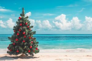 Christmas tree on the beach. Merry Christmas celebration party on background ocean. Winter vacations in Florida. Sunny day. Happy New Year. photo