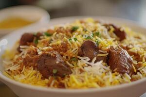 biryani, a fragrant rice dish with meat or vegetables, prepared with a variety of spices,popularity during festivals like Eid, featuring pieces of meat, rich spices, and aromatic herbs photo