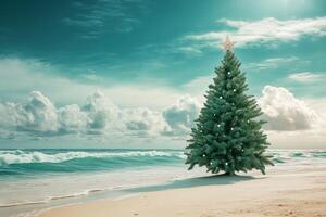 Christmas tree on the beach. Merry Christmas celebration party on background ocean. Winter vacations in Florida. Sunny day. Happy New Year. photo