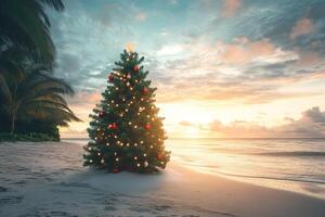 Christmas tree on the beach. Merry Christmas celebration party on background ocean. Winter vacations in Florida. Sunny day. Happy New Year. photo