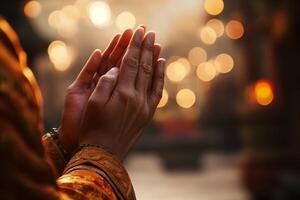 A monk's hands folded in prayer, close up. photo