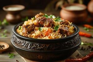 biryani, a fragrant rice dish with meat or vegetables, prepared with a variety of spices,popularity during festivals like Eid, featuring pieces of meat, rich spices, and aromatic herbs photo