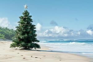 Christmas tree on the beach. Merry Christmas celebration party on background ocean. Winter vacations in Florida. Sunny day. Happy New Year. photo