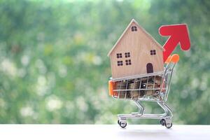 Finance,Model house and stack of coins money on model miniature shopping cart on natural green background,Business investment and Save money for prepare in future concept photo