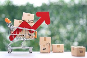 Global inflation or Deflation concept, Red arrow graph and brown parcel box on model miniature shopping cart on natural green background photo