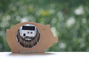 Model house in piggy bank on natural green background, Save money for prepare in future and real estate concept photo