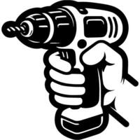 Builder hand holding portable screwdriver in monochrome. Using professional construction tools. Simple minimalistic in black ink drawing on white background vector