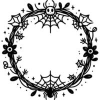 Halloween round wreath woven from dry branches and cobwebs in monochrome. Simple minimalistic in black ink drawing on white background vector