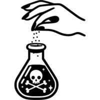 Witch female hand pours poisonous powder into flask with dangerous potion in monochrome. Simple minimalistic in black ink drawing on white background vector