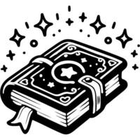 Closed witch book with powerful spells in monochrome. Simple minimalistic in black ink drawing on white background vector