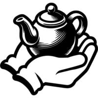 Man hands dressed in white gloves hold ceramic teapot in his palms in monochrome. Tea party invitation. Simple minimalistic in black ink drawing on white background vector
