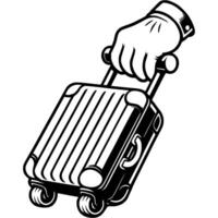 Traveler hand rolls suitcase with things by handle in monochrome. Simple minimalistic in black ink drawing on white background vector