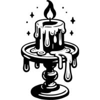 Burning melted candle on an antique stand in monochrome. Simple minimalistic in black ink drawing on white background vector